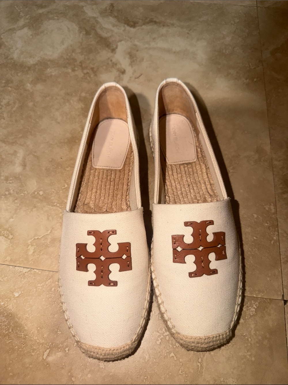Tory Burch Cream Canvas Espadrilles with Tan Logo Emblem